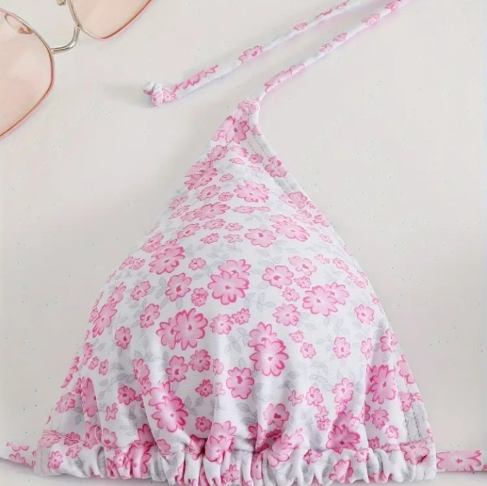 3 Pc Bikini Bathing Suit Set Pink/Gray Floral Size Small NWT - Picture 4 of 8